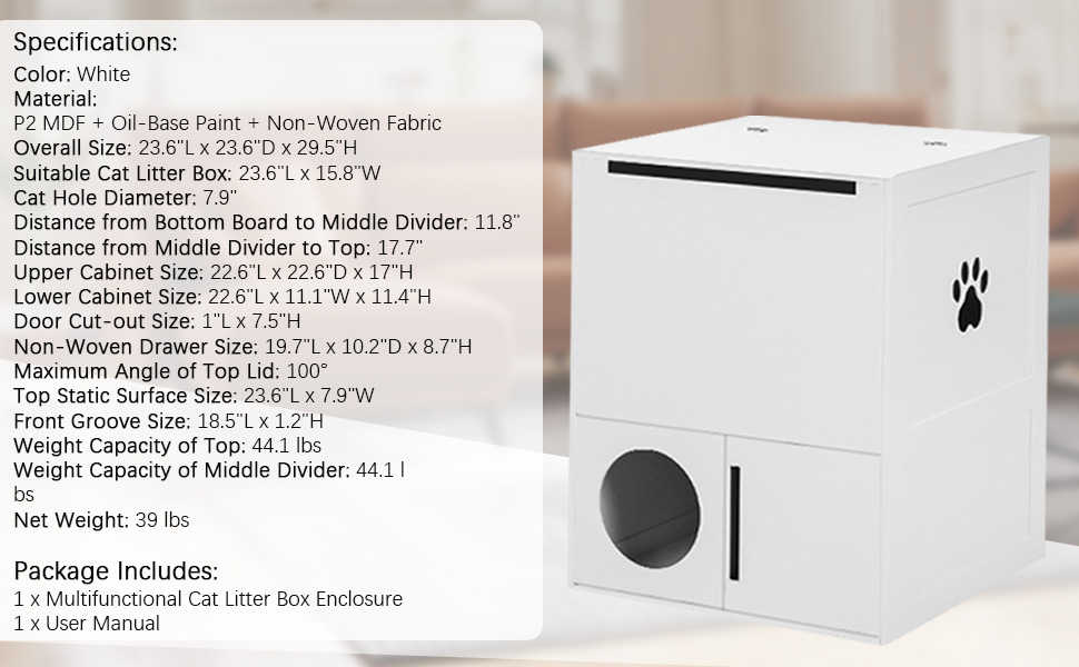 Coziwow Modern 2-Tier Multifunctional Cat Litter Box Enclosure with 2 Paw-Shaped Cut-Outs, White