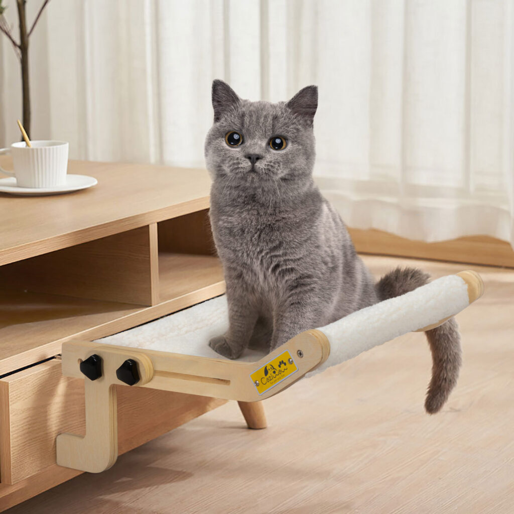 Coziwow Fashionable Cat Window Perch Hammock Wall Mounted Cat Bed With Detachable Plush Cloth, Wood + White CW12X0520 cj3