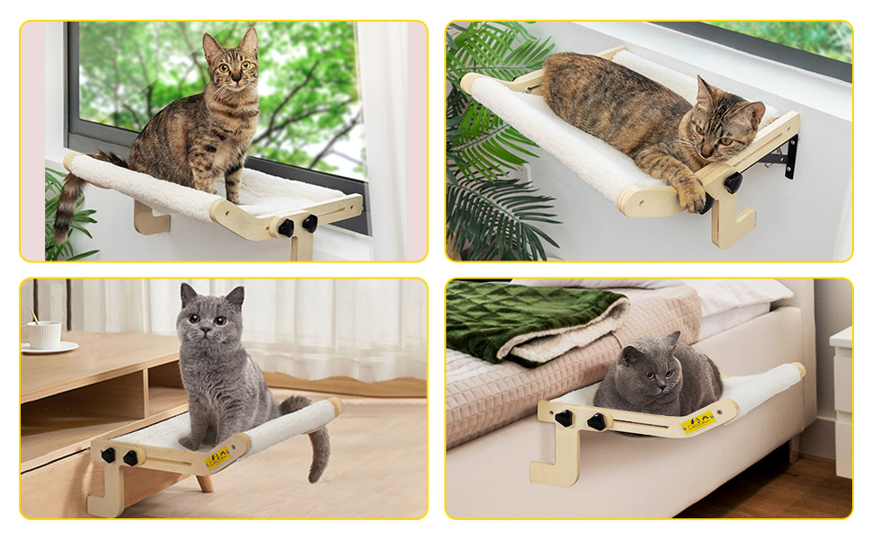 Coziwow Fashionable Cat Window Perch Hammock Wall Mounted Cat Bed With Detachable Plush Cloth, Wood + White