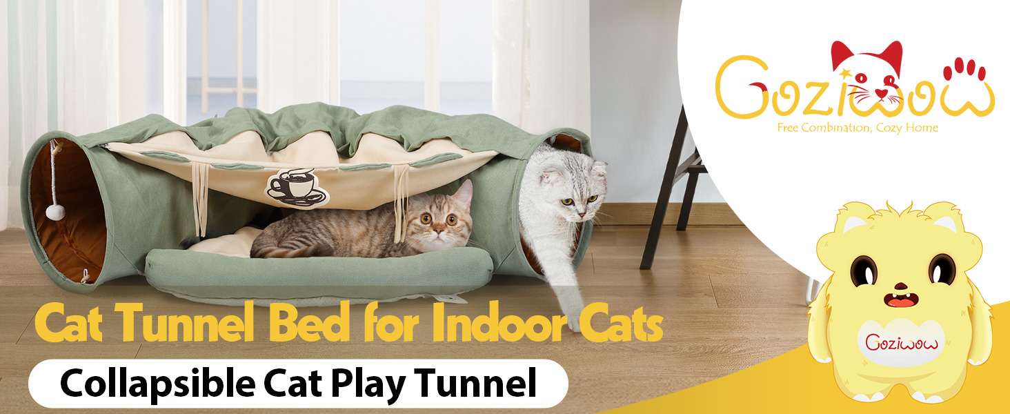 Cat Tunnel Bed Hide Tunnel For Indoor Cats With Hanging Scratching Balls, Light Green 1 2