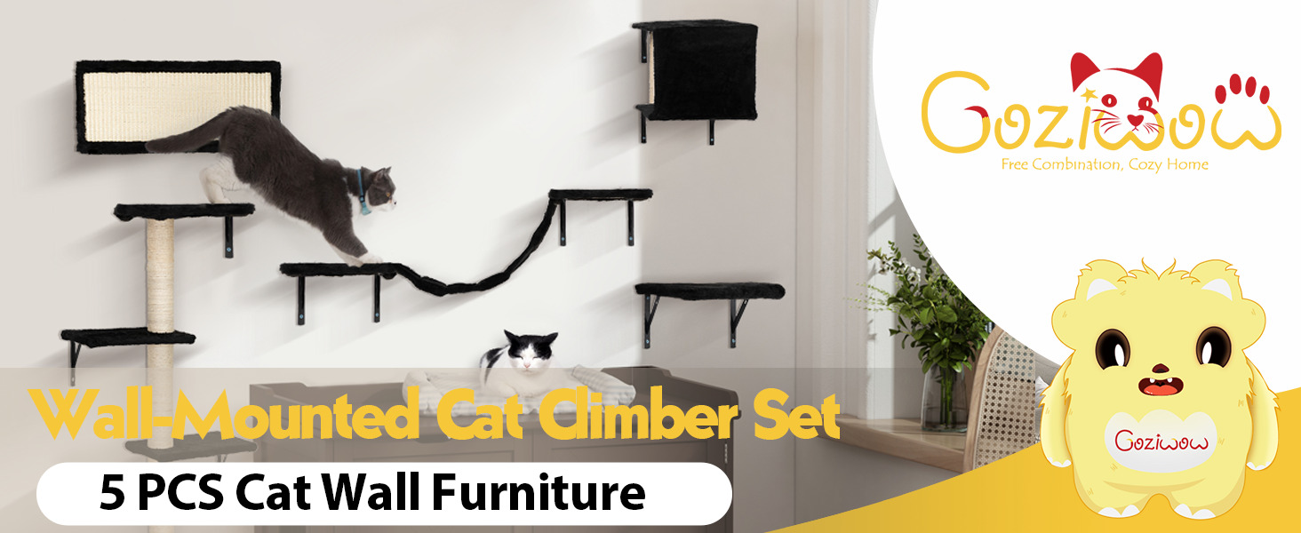 Cat Tree Climber Shelves, 5 Pcs Wood Wall-Mounted Cat Climber Set, Black 黑 65813146c2803
