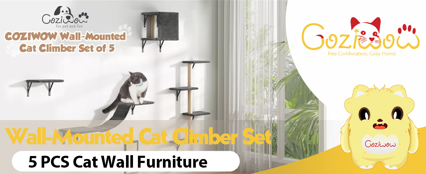 Coziwow Cat Tree Climber Shelves, 5 Pcs Wood Wall-Mounted Cat Climber Set, Gray 1 拷贝 10