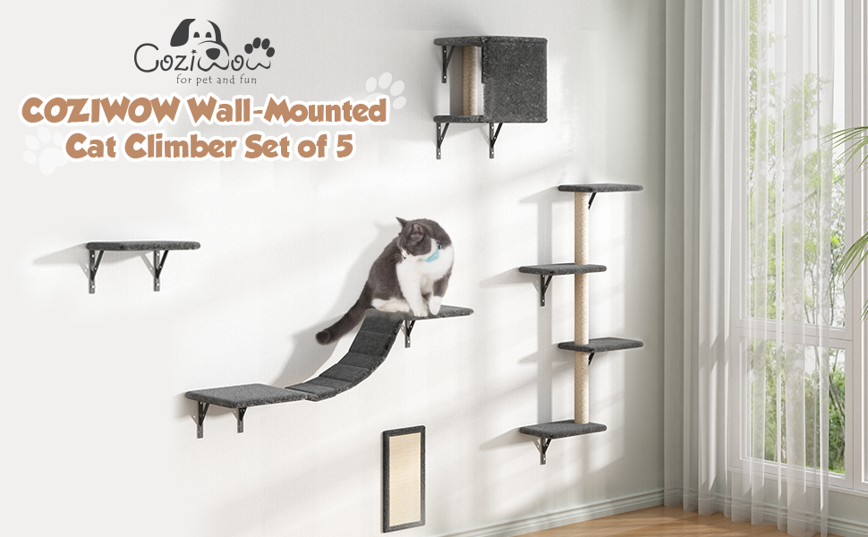 Coziwow Cat Tree Climber Shelves, 5 Pcs Wood Wall-Mounted Cat Climber Set, Gray CW12A0540A970X6001