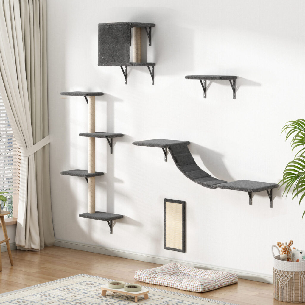 Coziwow Cat Tree Climber Shelves, 5 Pcs Wood Wall-Mounted Cat Climber Set, Gray CW12A0540ZT 7