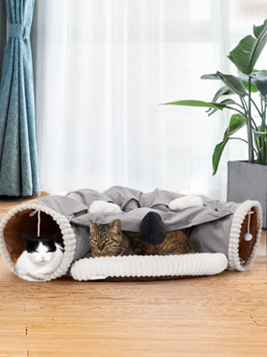 Coziwow 2-in-1 Cat Tunnel Toy, Scratch-Resistant Collapsible Cat Bed with Removable Mat, Grey and White
