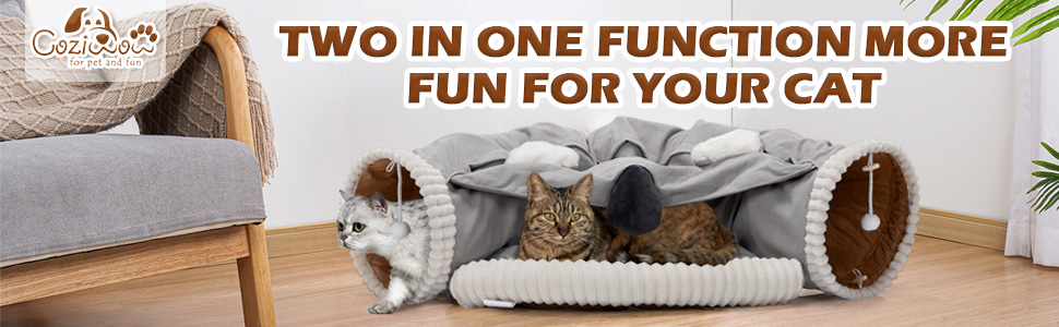 Coziwow 2-in-1 Cat Tunnel Toy, Scratch-Resistant Collapsible Cat Bed with Removable Mat, Grey and White