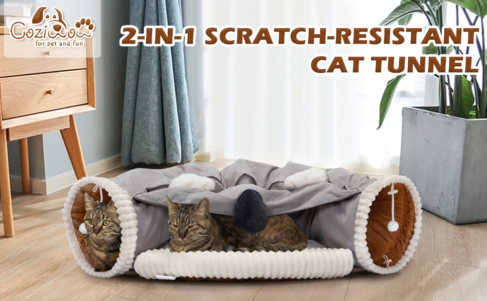 Coziwow 2-in-1 Cat Tunnel Toy, Scratch-Resistant Collapsible Cat Bed with Removable Mat, Grey and White