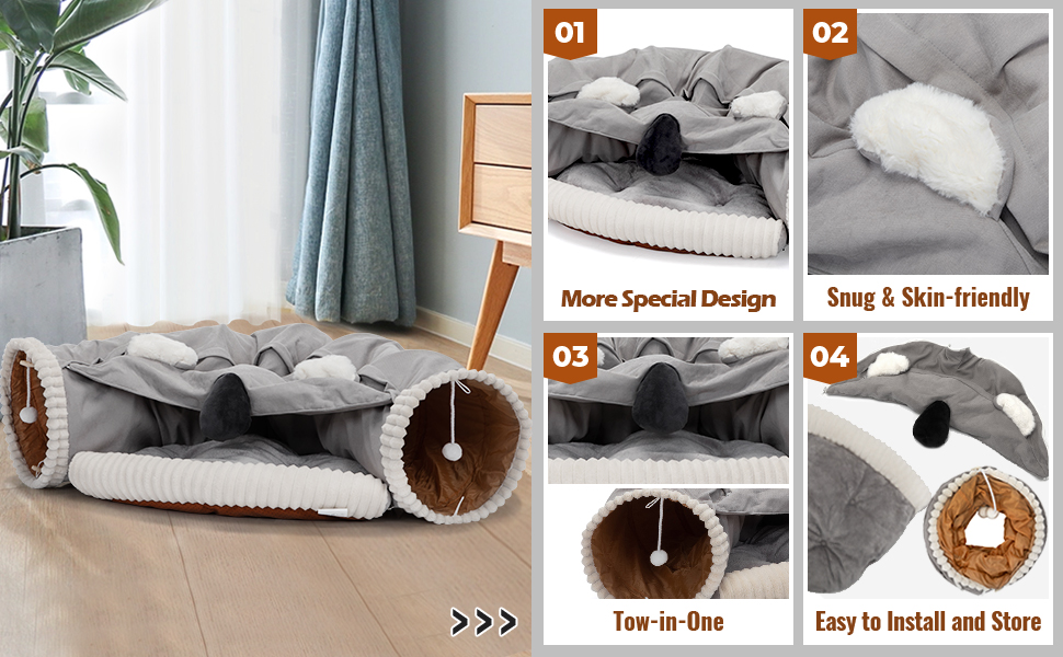 Coziwow 2-in-1 Cat Tunnel Toy, Scratch-Resistant Collapsible Cat Bed with Removable Mat, Grey and White