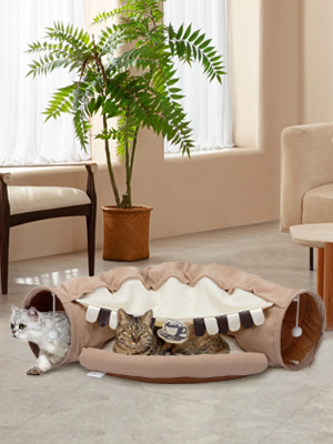 Coziwow 2-In-1 Cat Tunnel Toy, Scratch-Resistant Collapsible Cat Bed With Removable Mat, Coffee Brown