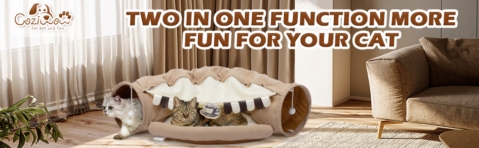 Coziwow 2-In-1 Cat Tunnel Toy, Scratch-Resistant Collapsible Cat Bed With Removable Mat, Coffee Brown