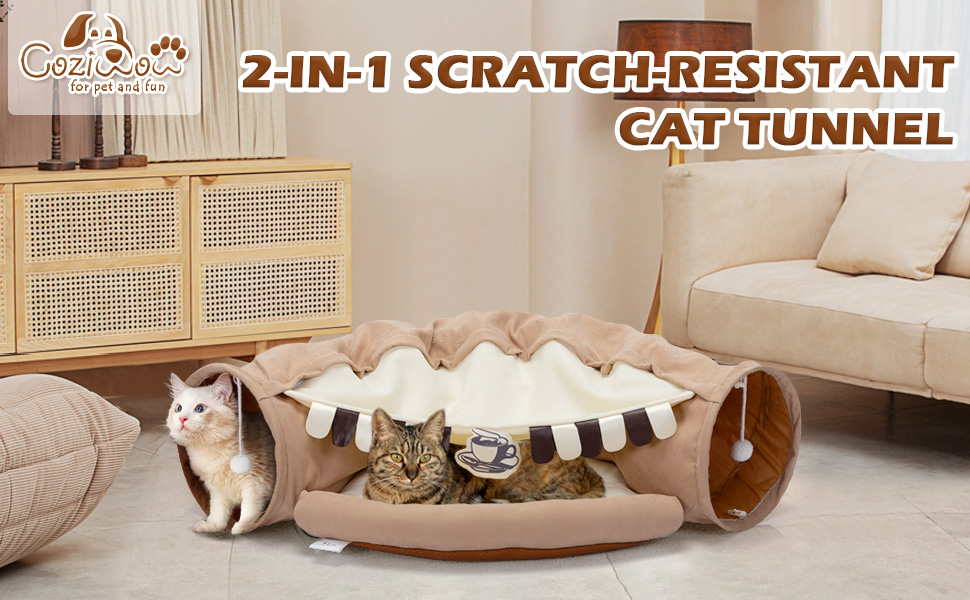 Coziwow 2-In-1 Cat Tunnel Toy, Scratch-Resistant Collapsible Cat Bed With Removable Mat, Coffee Brown