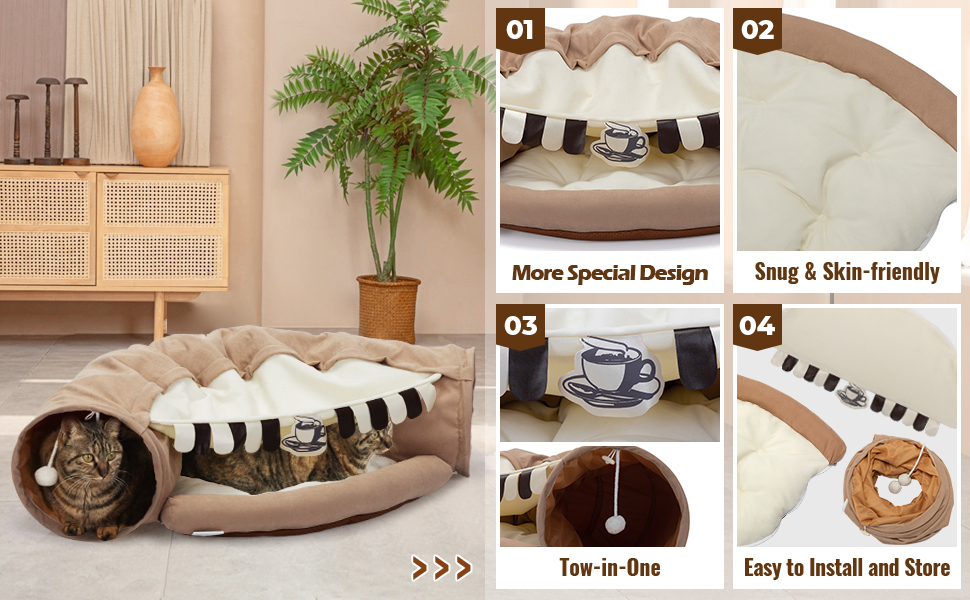 Coziwow 2-In-1 Cat Tunnel Toy, Scratch-Resistant Collapsible Cat Bed With Removable Mat, Coffee Brown