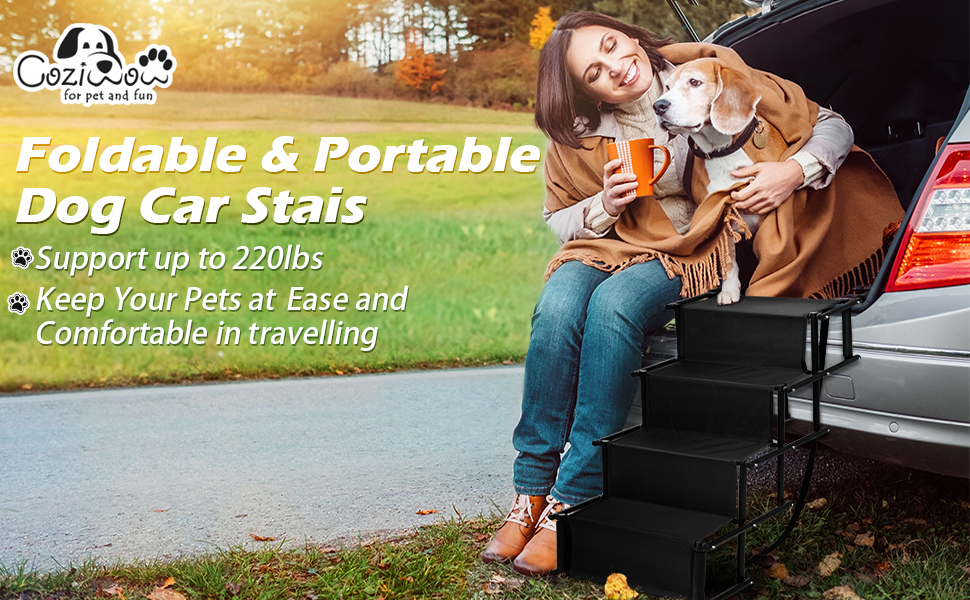 Coziwow 4 Steps Upgraded Foldable Dog Ramp for Car, Height-Adjustable Dog Assist Stair, Portable Pet Ladder, Black CW12N0495A970X600