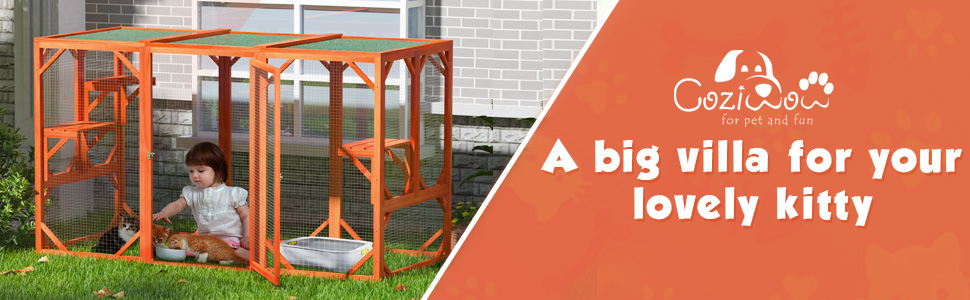 Coziwow Large Wooden Catio| Indoor and Outdoor Cat Enclosure with Asphalt Roof, Orange