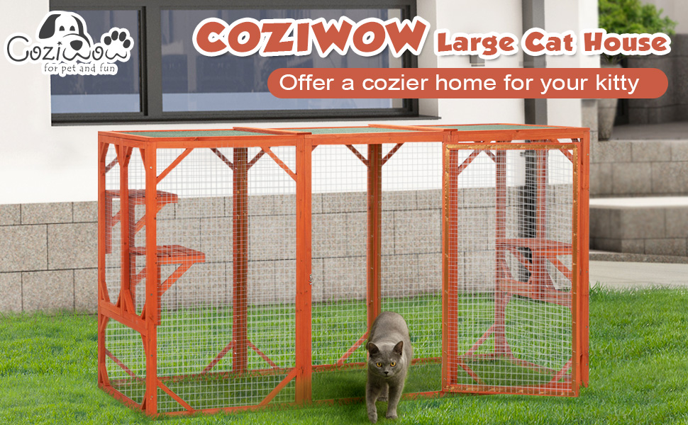 Coziwow Wooden Catio Large Outdoor Cat Enclosure with Asphalt Roof, 3 Adjustable Perches, Indoor and Outdoor, Orange