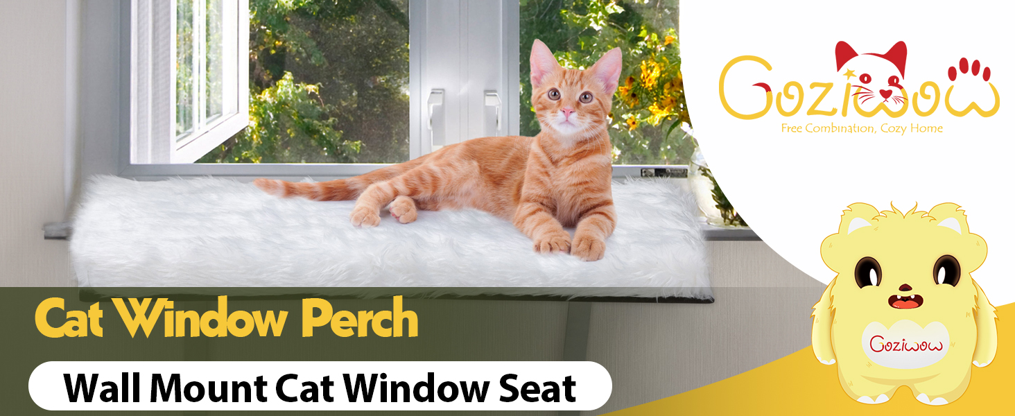 Cat Window Perch Hammock, Window Sill Cat Seat, Wall-Mounted Cat Shelf Bed with Soft Cushion for Large Cats, White 画板 1 2