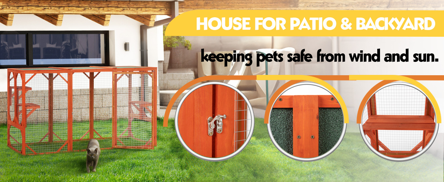 44"H Large Wooden Catio| Indoor and Outdoor Cat Enclosure with Asphalt Roof, for 2 Cats, Orange 画板 1 拷贝 3 3 Outdoor Cat Enclosure