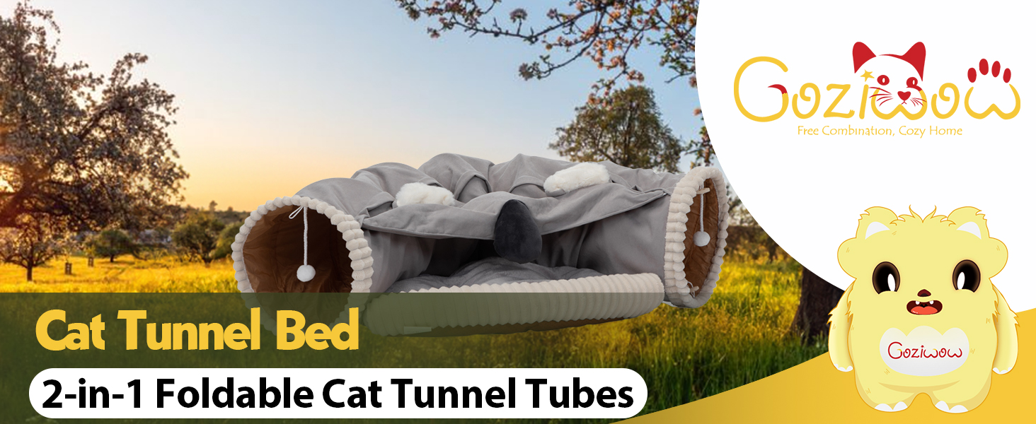 2-in-1 Cat Tunnel Toy, Scratch-Resistant Collapsible Cat Bed with Removable Mat, Grey and White 画板 1 Cat Tunnel