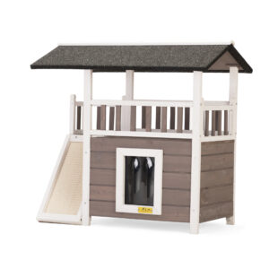 Fir Wooden Outdoor Cat House, Rainproof Outside Pet House, 2 Story Wooden Cat Condo with Balcony, for 1 Cat, Light Brown