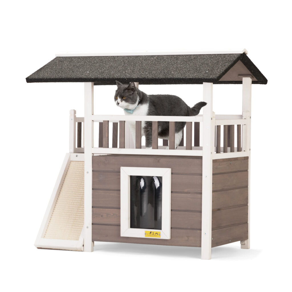 Coziwow Fir Wooden Outdoor Cat House, Rainproof Outside Pet House, 2 Story Wooden Cat Condo with Balcony, Light Brown CW12M0548 zt5