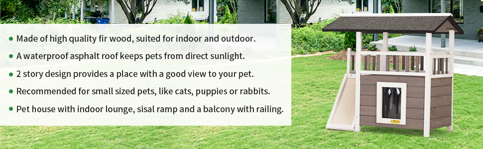 Coziwow Fir Wooden Outdoor Cat House, Rainproof Outside Pet House, 2 Story Wooden Cat Condo with Balcony, Light Brown CW12M0548A970X3008
