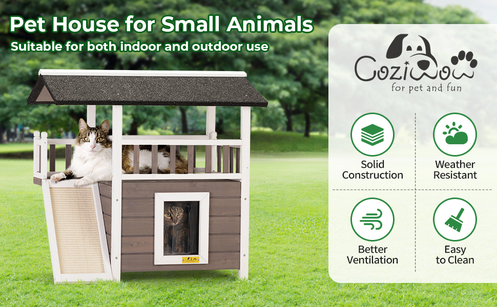 Coziwow Fir Wooden Outdoor Cat House, Rainproof Outside Pet House, 2 Story Wooden Cat Condo with Balcony, Light Brown CW12M0548A970X6001