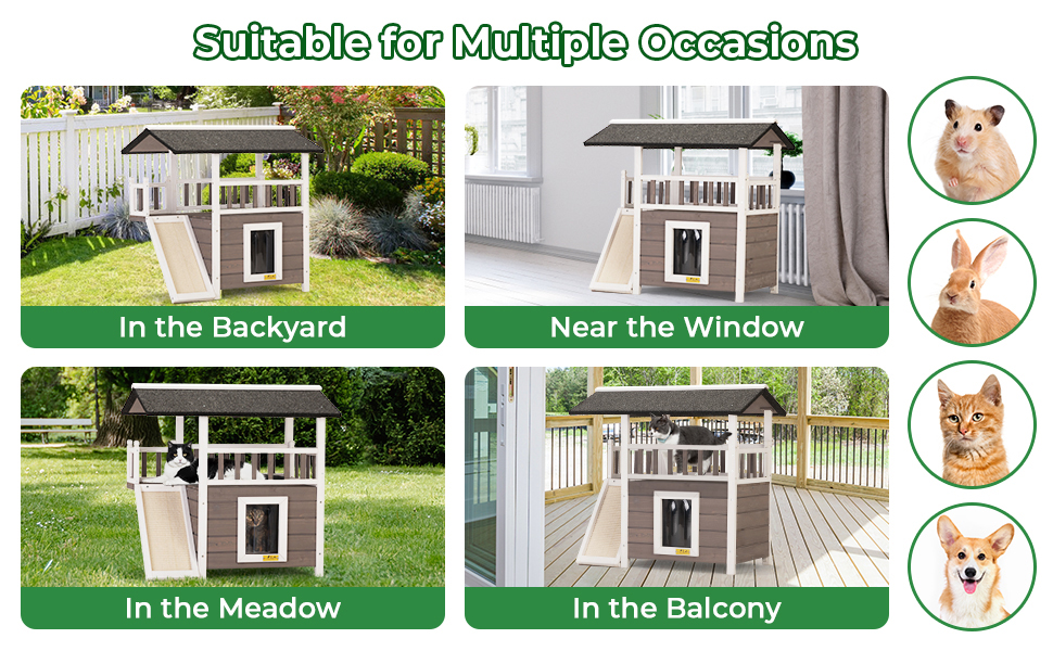 Coziwow Fir Wooden Outdoor Cat House, Rainproof Outside Pet House, 2 Story Wooden Cat Condo with Balcony, Light Brown CW12M0548A970X6007