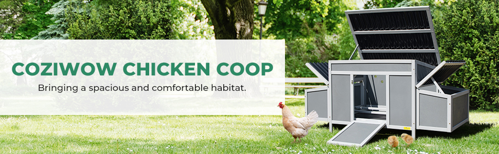 Coziwow 59"L Large Wooden Chicken Coop, Outdoor Chicken House with 2 Nesting Boxes and a Removable Tray, Dark Gray CW12S0534A970X3008