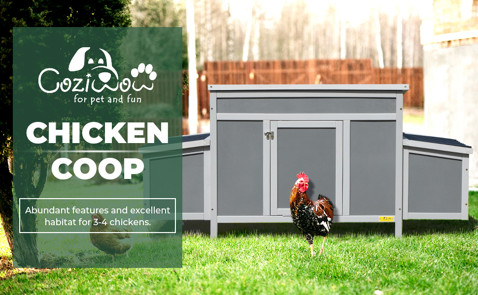 Coziwow 59"L Large Wooden Chicken Coop, Outdoor Chicken House with 2 Nesting Boxes and a Removable Tray, Dark Gray CW12S0534A970X6001