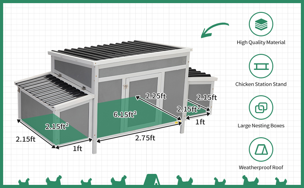 Coziwow 59"L Large Wooden Chicken Coop, Outdoor Chicken House with 2 Nesting Boxes and a Removable Tray, Dark Gray CW12S0534A970X6007