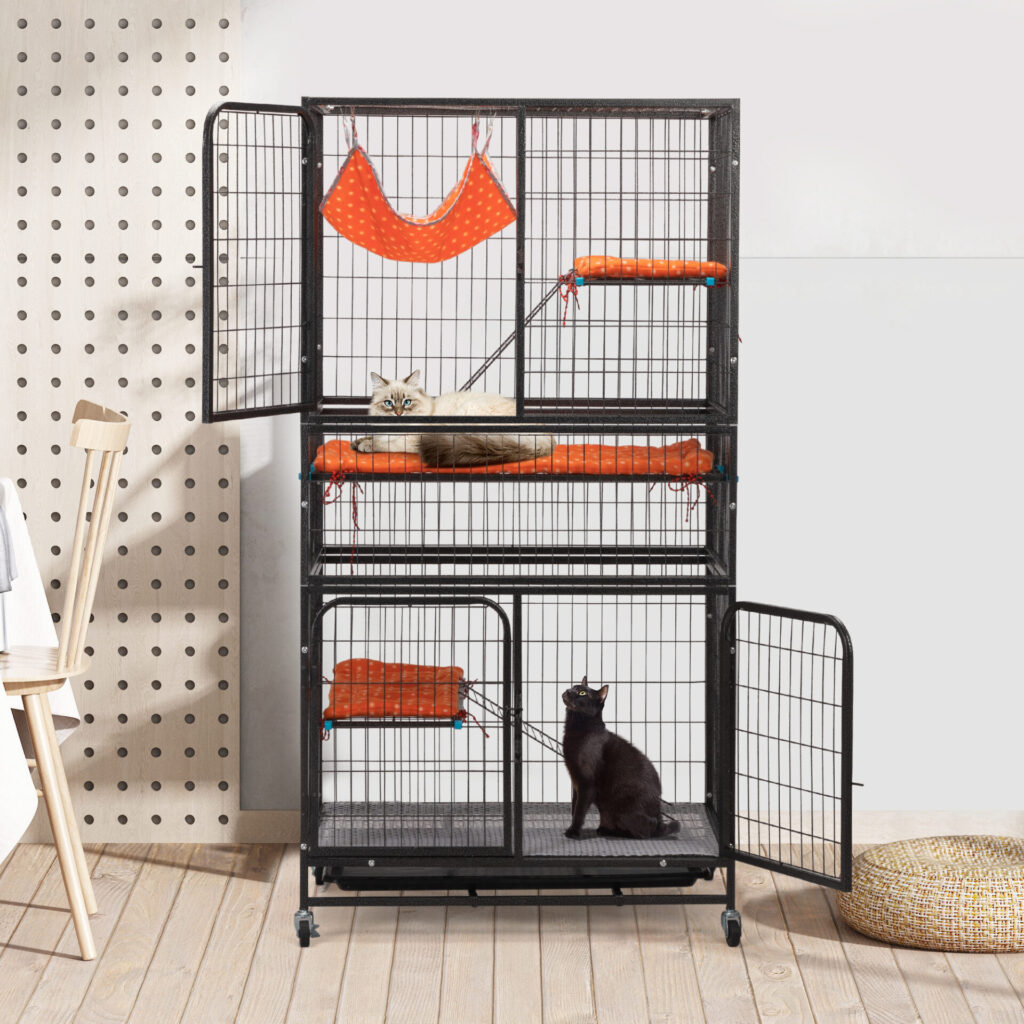 Coziwow 63"H 4-Tier Wire Large Outdoor Cat Enclosures, Cat Crate with Casters, Hammock, Bed, Ladder, Pet Enclosure Home, Black CW12U0536 zt17 1