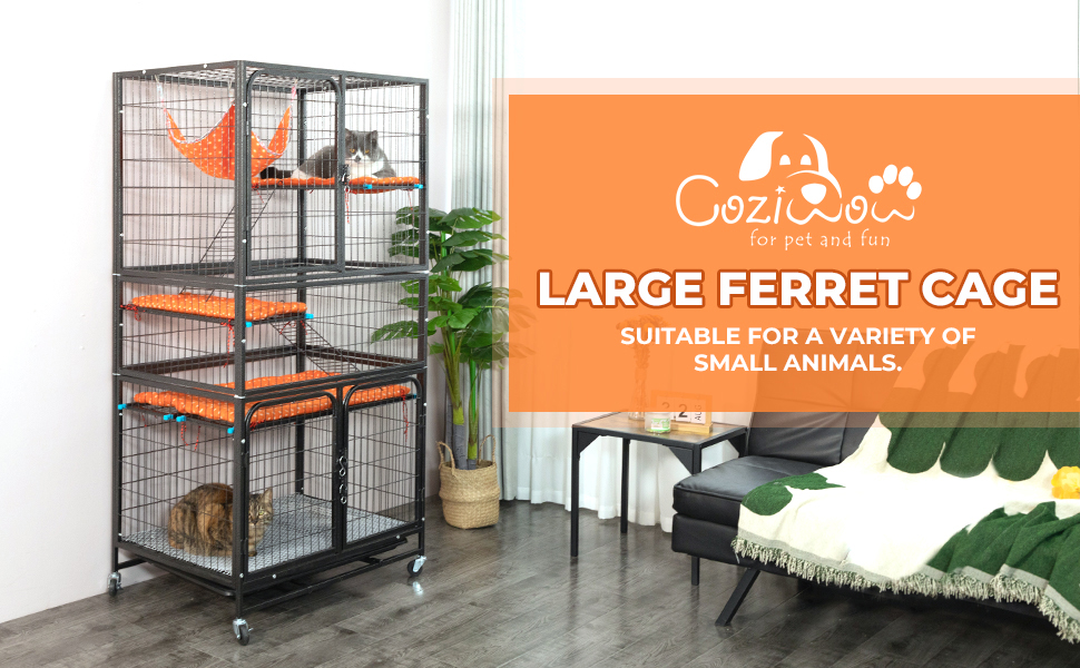 Coziwow 63"H 4-Tier Wire Large Outdoor Cat Enclosures, Cat Crate with Casters, Hammock, Bed, Ladder, Pet Enclosure Home, Black CW12U0536A970X6001