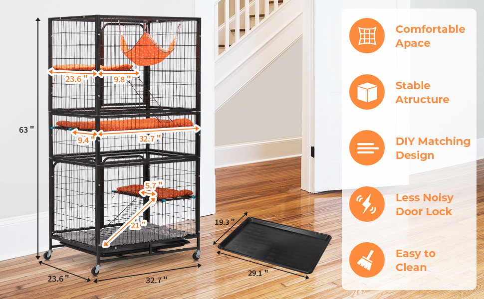Coziwow 63"H 4-Tier Wire Large Outdoor Cat Enclosures, Cat Crate with Casters, Hammock, Bed, Ladder, Pet Enclosure Home, Black CW12U0536A970X6003