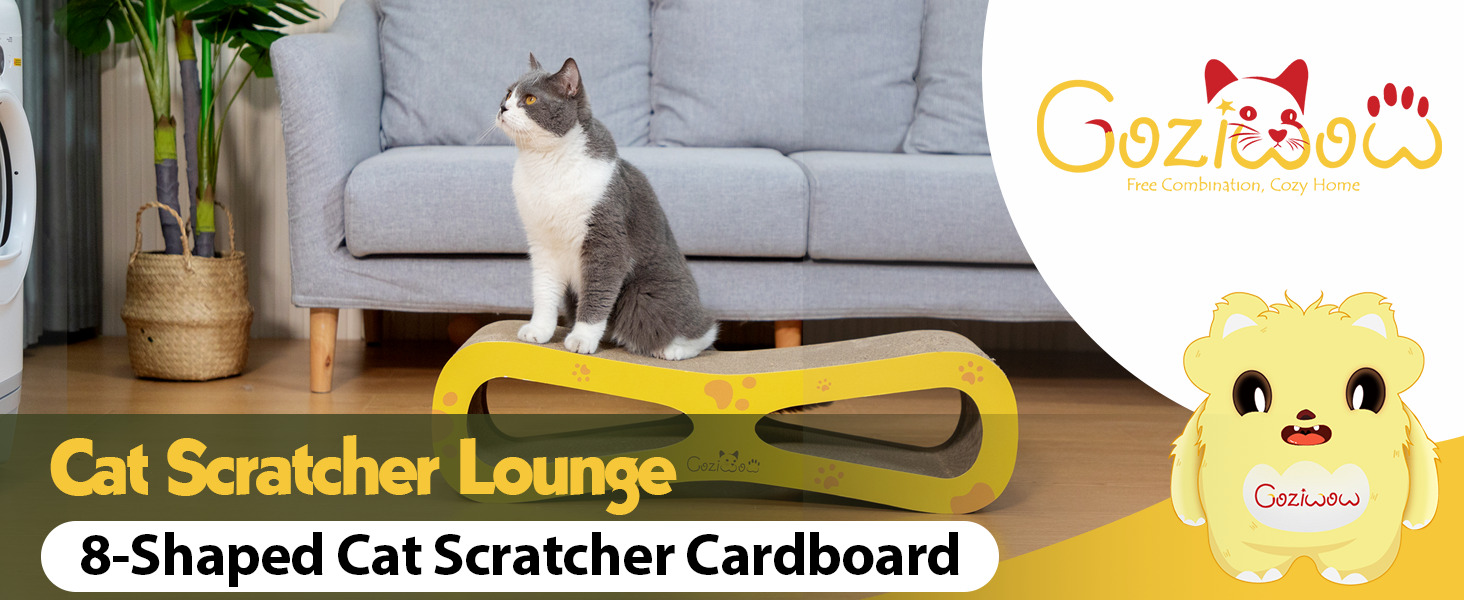 8-Shaped Cat Scratcher Lounge Bed, Cat Scratching Post Cardboard with Catnip, Natural Wood+Yellow 1 1