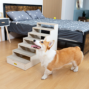 Coziwow Wood Dog Stairs Climber, 7-Step Pet Ladder with Carpet Steps, Natural+Gray CW12N0549A300X3004