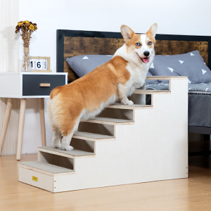 Coziwow Wood Dog Stairs Climber, 7-Step Pet Ladder with Carpet Steps, Natural+Gray CW12N0549A300X3005