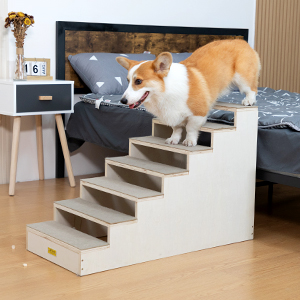 Coziwow Wood Dog Stairs Climber, 7-Step Pet Ladder with Carpet Steps, Natural+Gray CW12N0549A300X3006