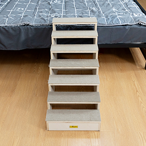 Coziwow Wood Dog Stairs Climber, 7-Step Pet Ladder with Carpet Steps, Natural+Gray CW12N0549A300X3007