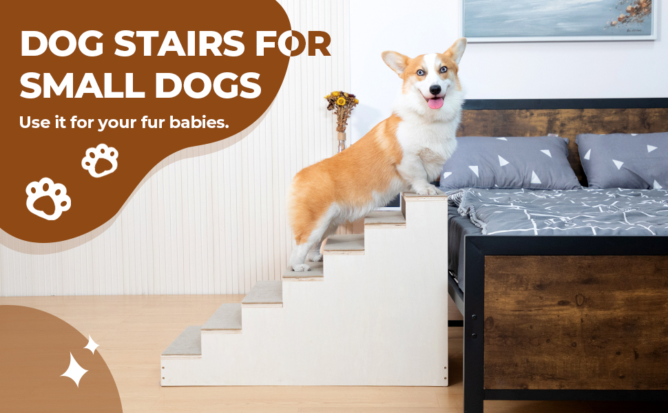 Coziwow Wood Dog Stairs Climber, 7-Step Pet Ladder with Carpet Steps, Natural+Gray CW12N0549A970X6001
