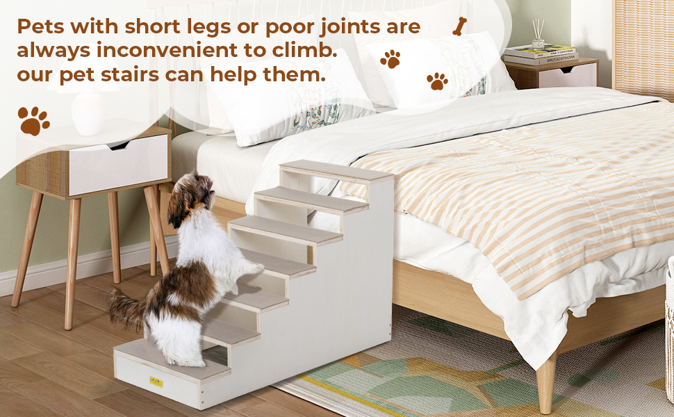 Coziwow Wood Dog Stairs Climber, 7-Step Pet Ladder with Carpet Steps, Natural+Gray CW12N0549A970X6008
