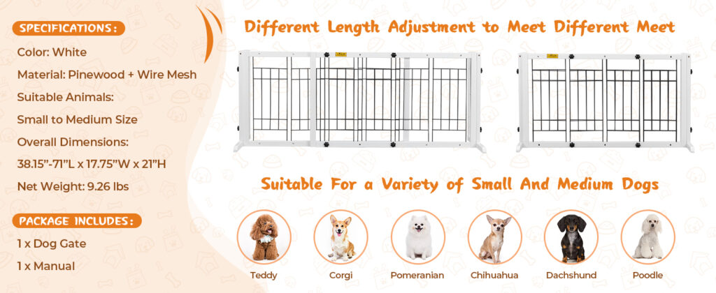 Coziwow 38.2"-71"L Adjustable Dog Gate, Extra Wide Freestanding Portable Partition Dog Fence, White CW12P0550A1464X6003
