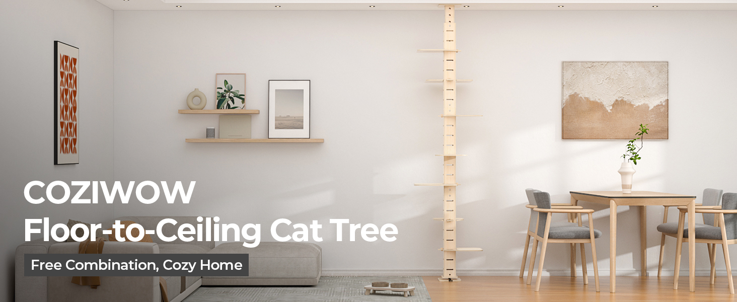 102"-114"H Wood Adjustable Floor-to-Ceiling Cat Tree, Indoor Cat Climbing Tower for DIY Combination, Natural CW12R0551A1464X6001 Cat Trees