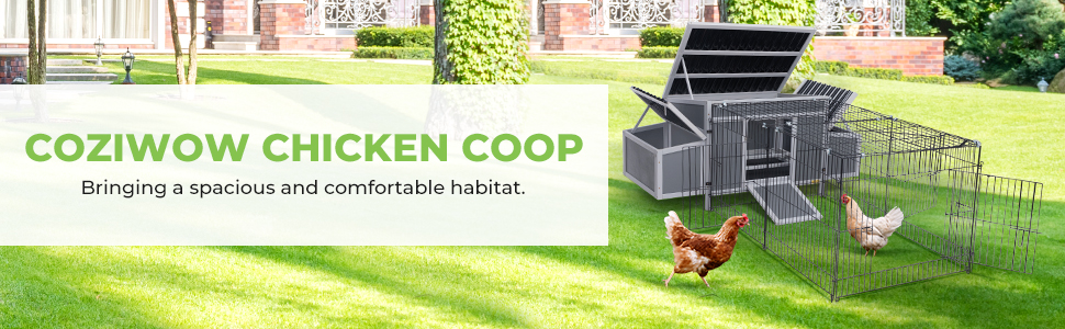 Coziwow 83"L Wooden Chicken Coop, Outdoor Chicken House for 4-6 Chickens with Run, Dark Gray CW12W0537A970X3008
