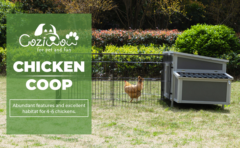 Coziwow 83"L Wooden Chicken Coop, Outdoor Chicken House for 4-6 Chickens with Run, Dark Gray CW12W0537A970X6001 1