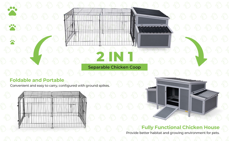 83"L Extra Large Outdoor Wooden Chicken House with Foldable Run, for 4-6 Chickens, Dark Gray CW12W0537A970X6009 Chicken Supplies