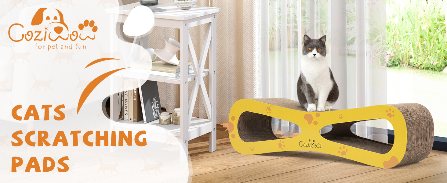 Coziwow 8-Shaped Cat Scratcher Lounge Bed, Cat Scratching Post Cardboard with Catnip, Natural Wood+Yellow CW12Y0557A1464X6001