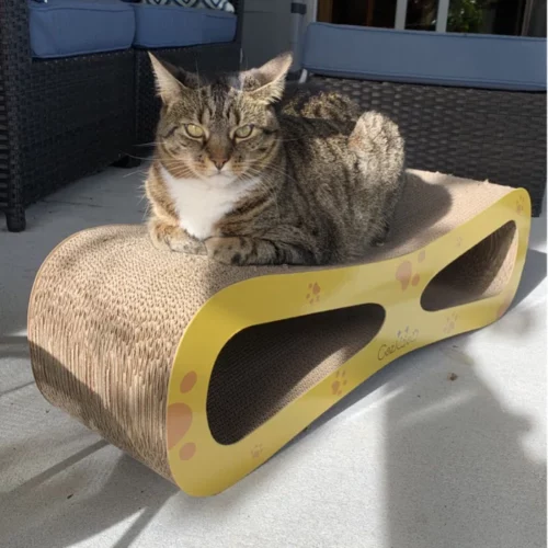 8-Shaped Cat Scratcher Lounge Bed, Cat Scratching Post Cardboard with Catnip, Natural Wood+Yellow photo review