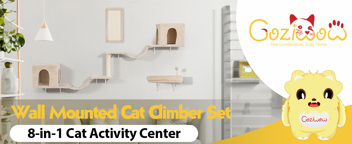 8-in-1 Wall Mounted Cat Tree Climber Shelves Set, Beige/Light Gray/Dark Gray 1 Cat Trees