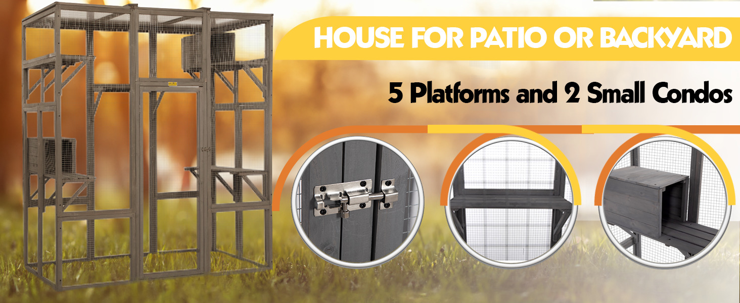 Coziwow Extra Large Wood Cat Enclosure| Walk-In Cat Playpen With Jumping Platforms, Gray 画板 1 拷贝 3