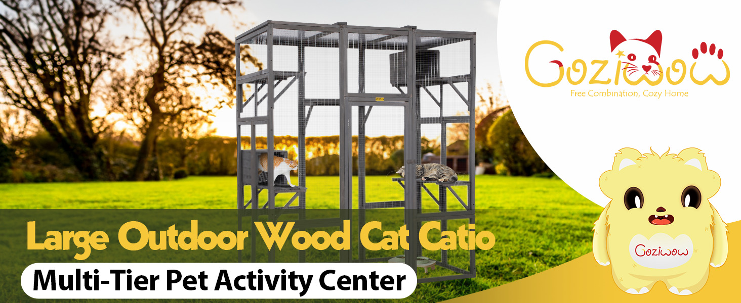 Coziwow Extra Large Wood Cat Enclosure| Walk-In Cat Playpen With Jumping Platforms, Gray 画板 1